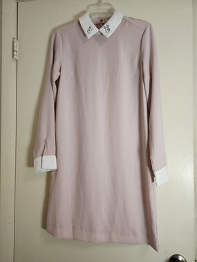 Victoria Beckham Pale Pink Long Sleeve Shift Dress with White Collar